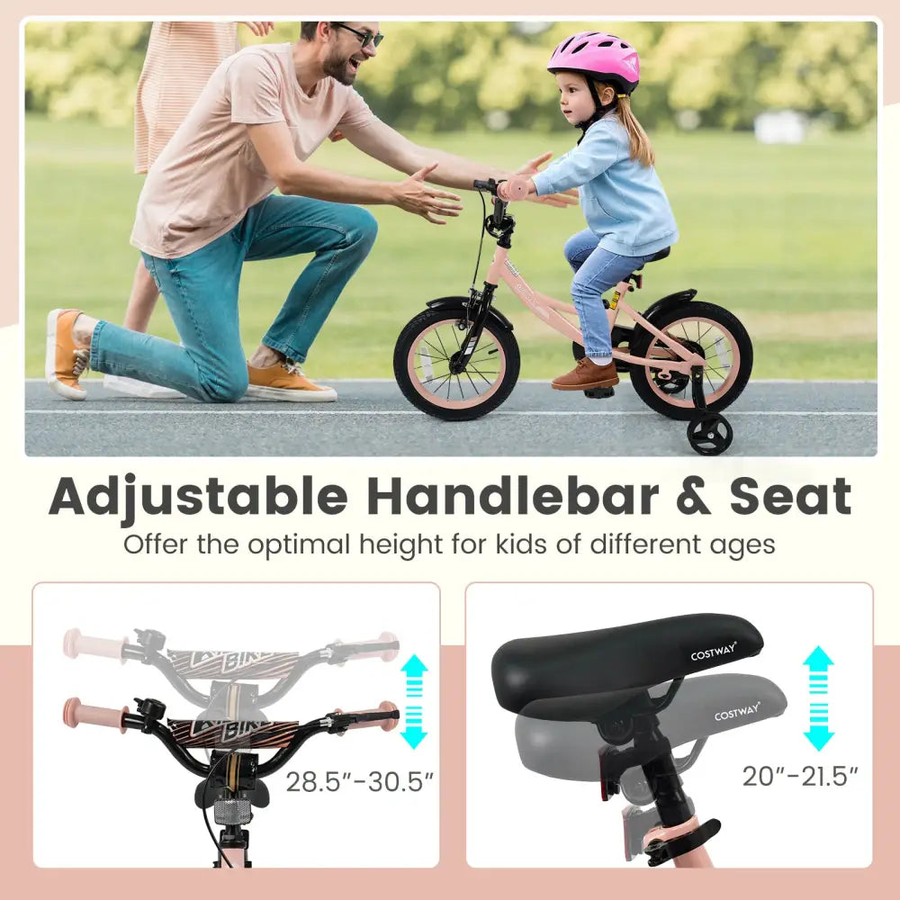 14 Inch Kids Bike Adjustable with Removable Training Wheels Pink for 3-8 Years Old - Pink - Kids Bike