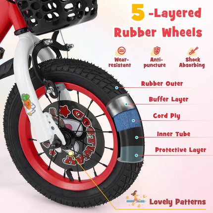 14 Inch Kids Bike Adjustable with Storage Basket and Double Brake for 3 - 5 Years Old - 14 inches - Oasis Home Essentials