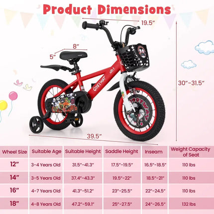 14 Inch Kids Bike Adjustable with Storage Basket and Double Brake for 3 - 5 Years Old - 14 inches - Oasis Home Essentials