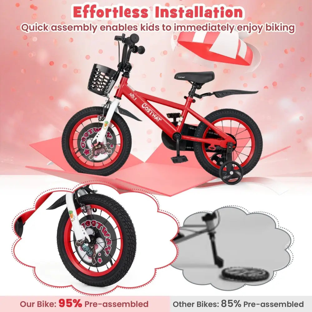 14 Inch Kids Bike Adjustable with Storage Basket and Double Brake for 3 - 5 Years Old - 14 inches - Oasis Home Essentials