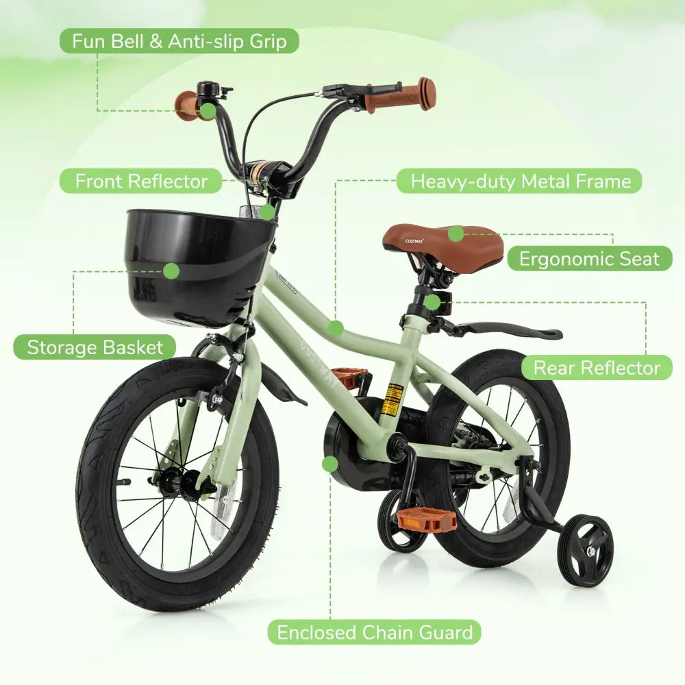 14-Inch Kids Bike Adjustable with Training Wheels for 3-5 Years Old - Green - Kids Bike