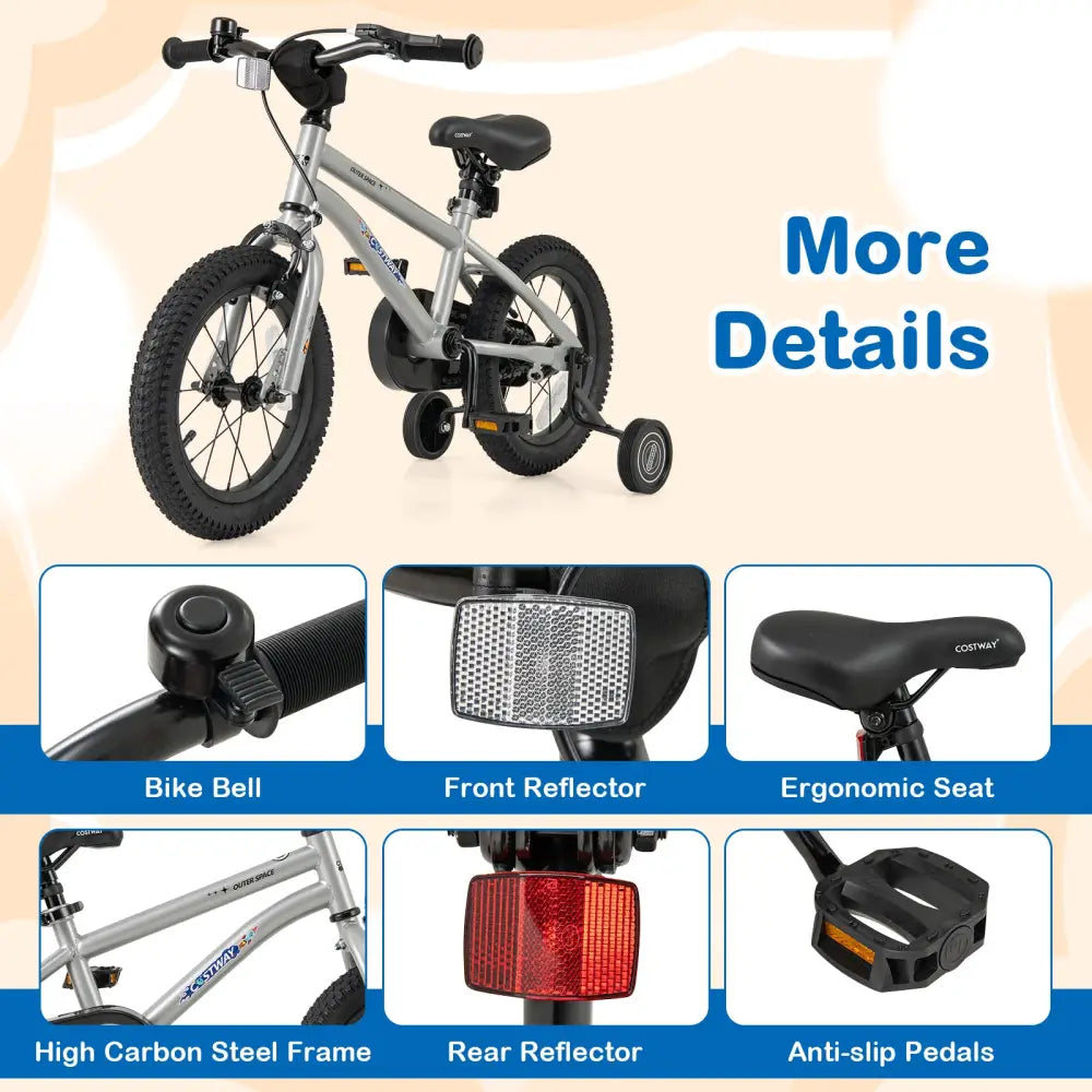 14-Inch Kids Bike Bicycle for Boys Girls 3-5 with High Carbon Steel Frame - Silver - Kids Bike