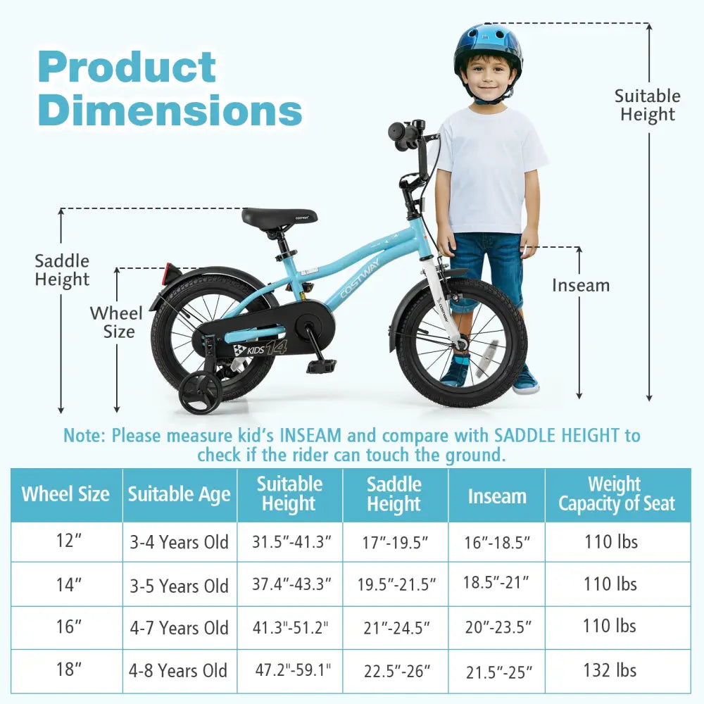 14-Inch Kids Bike for 3-5 Years Old Children Bicycle with Training Wheels - Blue - Kids Bike