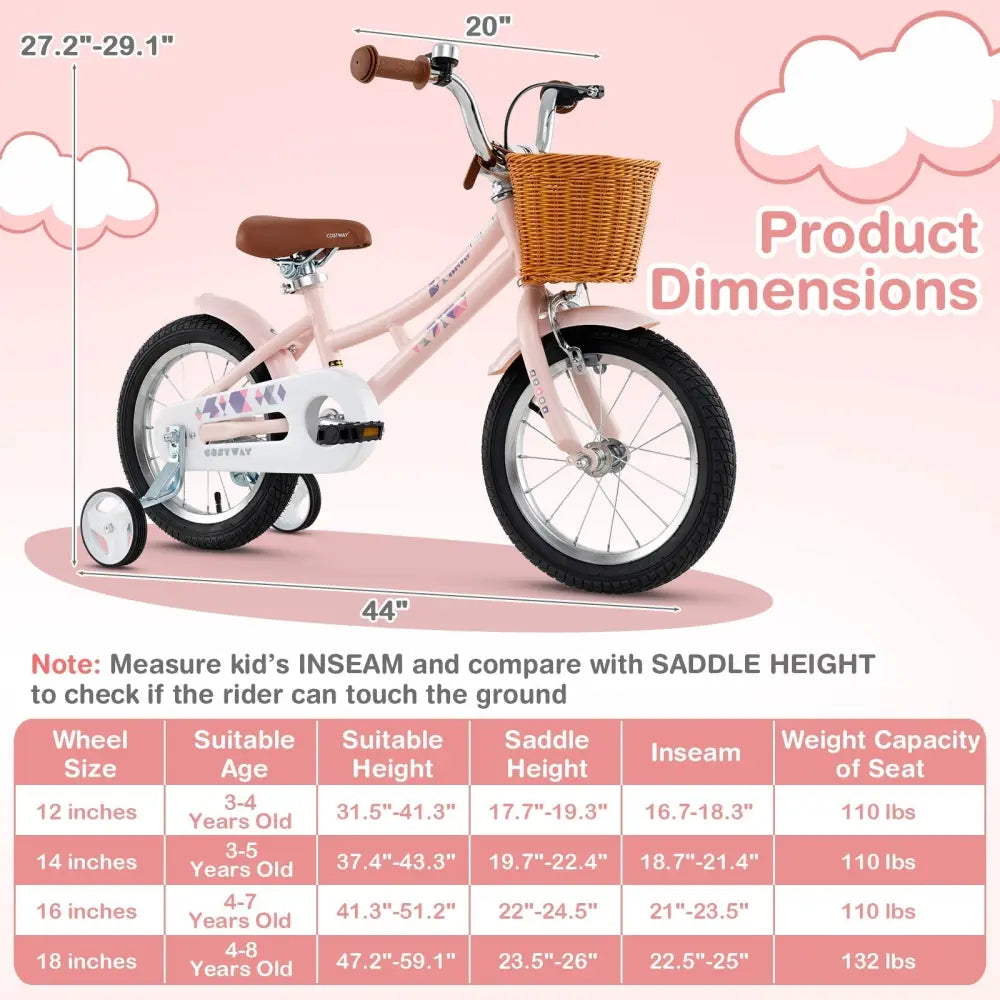 14 Inch Kids Bike Retro Bicycle with Adjustable Height and Basket for Ages 3 - 5 Years Old - Oasis Home Essentials