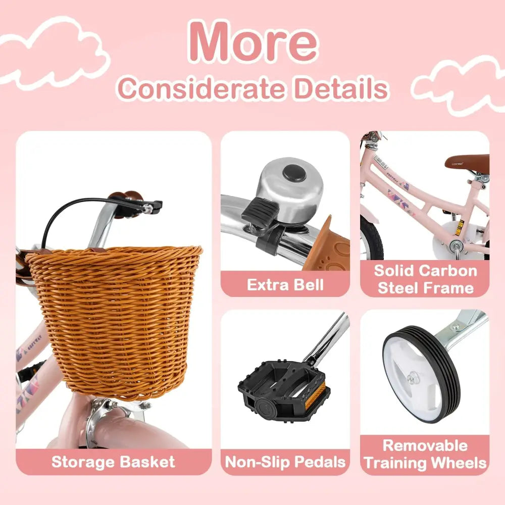 14 Inch Kids Bike Retro Bicycle with Adjustable Height and Basket for Ages 3 - 5 Years Old - Oasis Home Essentials