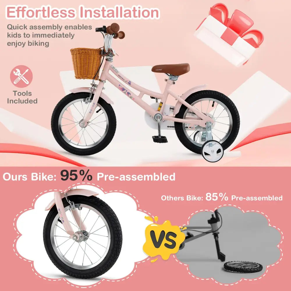 14 Inch Kids Bike Retro Bicycle with Adjustable Height and Basket for Ages 3-5 Years Old- - Pink - Kids Bike