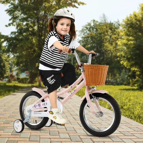 14 Inch Kids Bike Retro Bicycle with Adjustable Height and Basket for Ages 3-5 Years Old- - Pink - Kids Bike