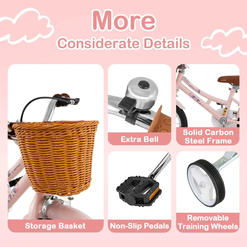 14 Inch Kids Bike Retro Bicycle with Adjustable Height and Basket for Ages 3-5 Years Old- - Pink - Kids Bike