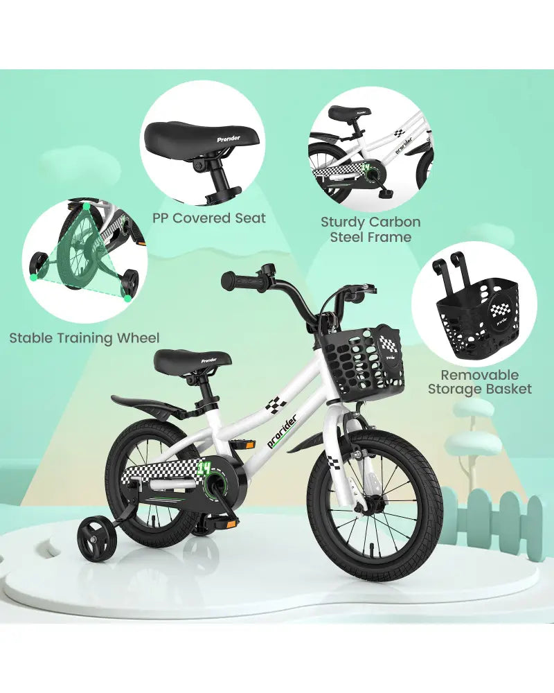 14 Inch Kids Bike with 2 Training Wheels for 3-5 Years Old-Black & White - Black & White - Kids Bike