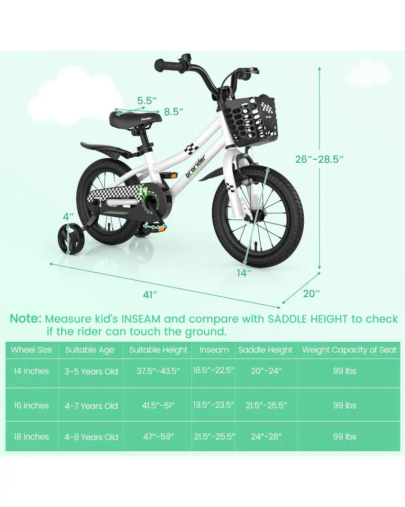 14 Inch Kids Bike with 2 Training Wheels for 3-5 Years Old-Black & White - Black & White - Kids Bike