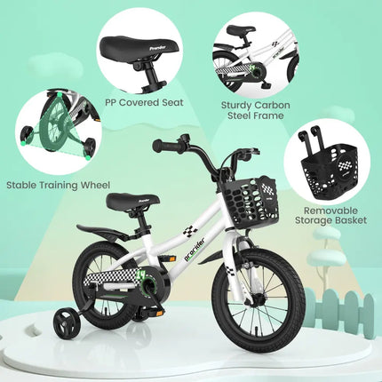 14 Inch Kids Bike with 2 Training Wheels for 3 - 5 Years Old - Black & White - Oasis Home Essentials