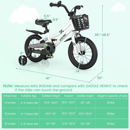 14 Inch Kids Bike with 2 Training Wheels for 3 - 5 Years Old - Black & White - Oasis Home Essentials