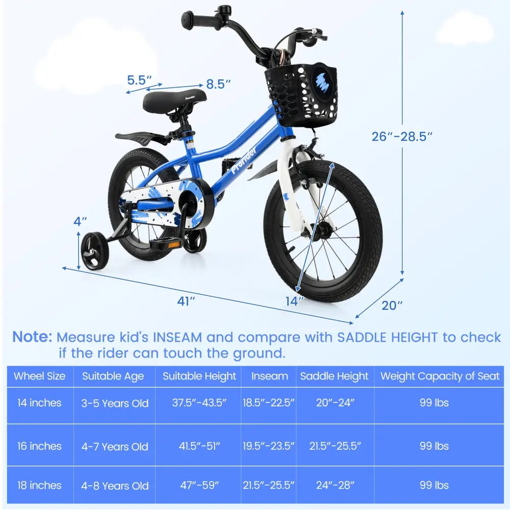 14 Inch Kids Bike with 2 Training Wheels for 3-5 Years Old-Blue - Blue - Kids Bike