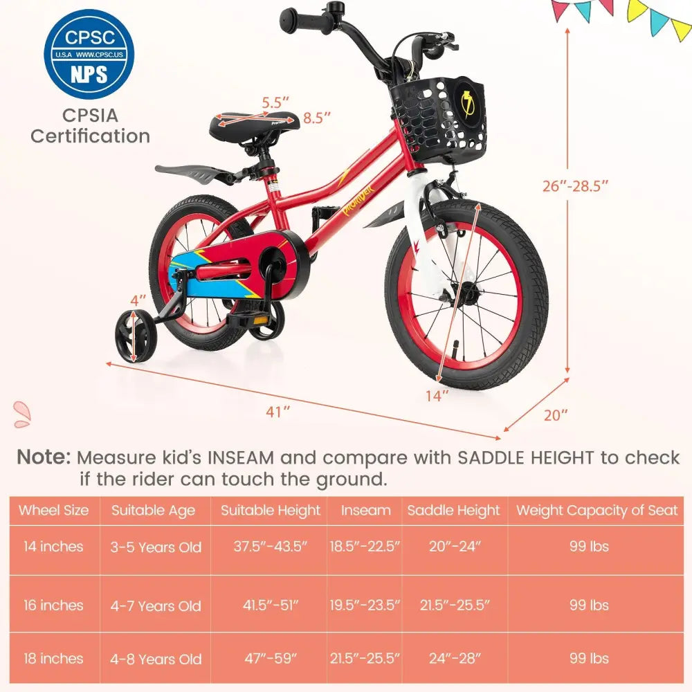 14 Inch Kids Bike with 2 Training Wheels for 3 - 5 Years Old - Red - Oasis Home Essentials