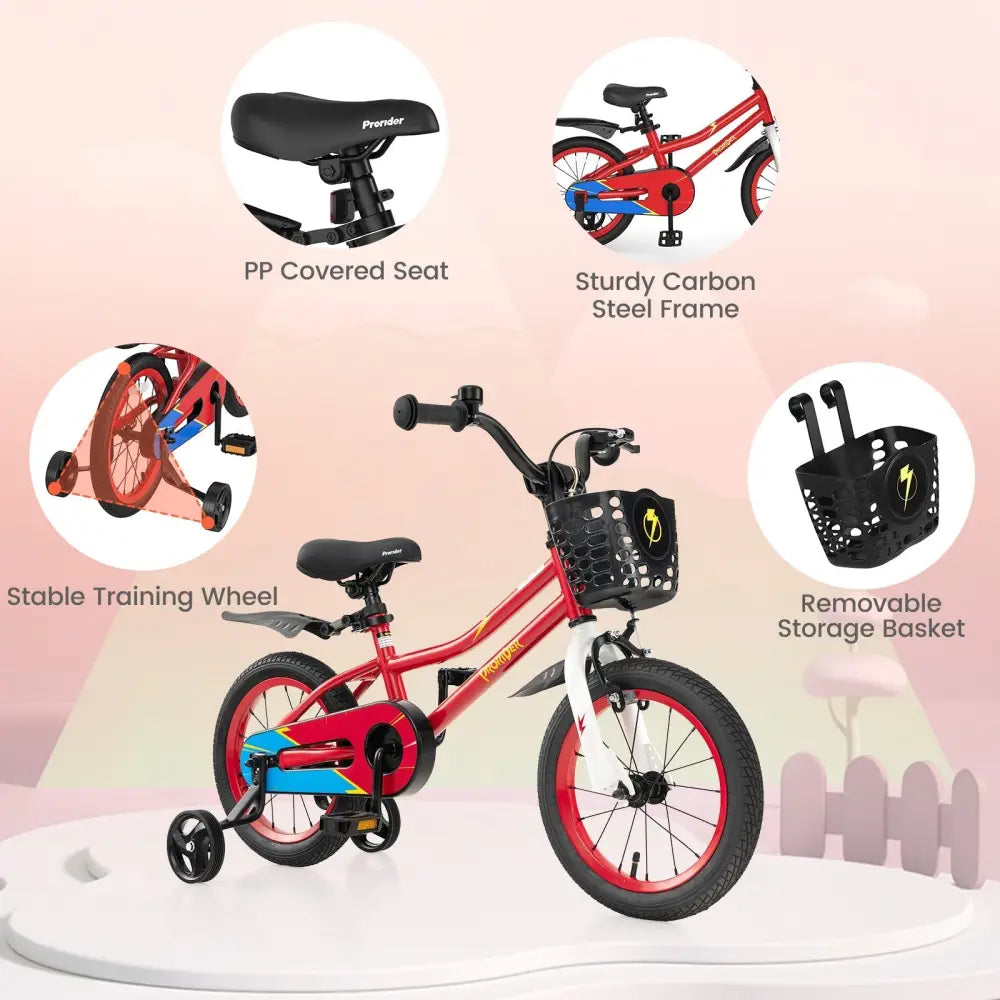 14 Inch Kids Bike with 2 Training Wheels for 3 - 5 Years Old - Red - Oasis Home Essentials