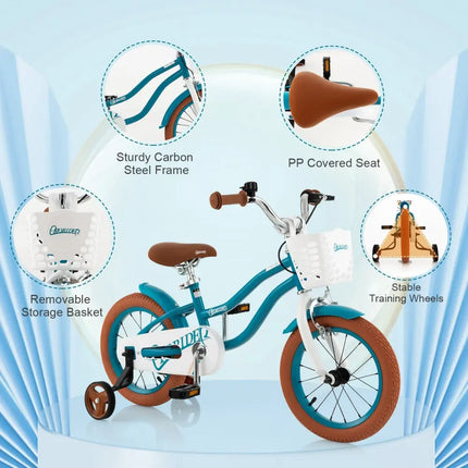 14 Inch Kid's Bike with Removable Training Wheels and Basket - Blue - Oasis Home Essentials