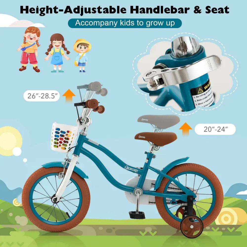 14 Inch Kid's Bike with Removable Training Wheels and Basket - Blue - Oasis Home Essentials