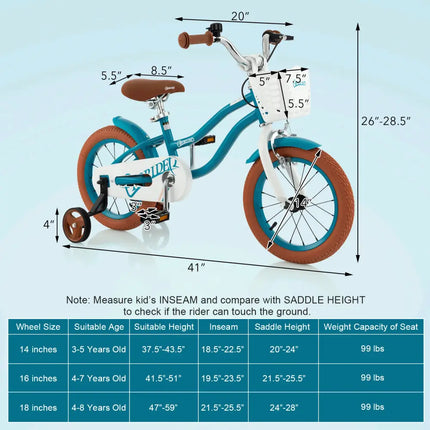 14 Inch Kid’s Bike with Removable Training Wheels and Basket-Blue - Blue - Kids Bike