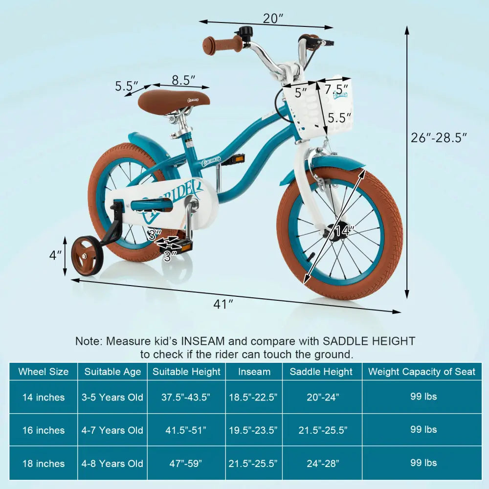 14 Inch Kid’s Bike with Removable Training Wheels and Basket-Blue - Blue - Kids Bike