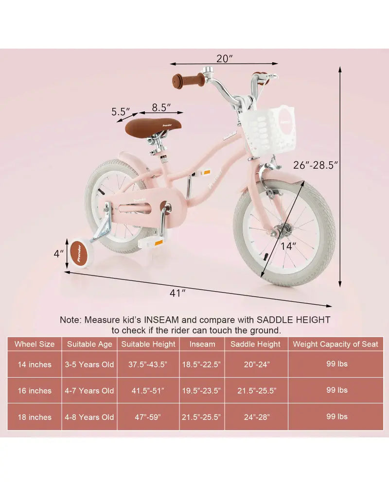 14 Inch Kid’s Bike with Removable Training Wheels and Basket-Pink - Pink - Kids Bike
