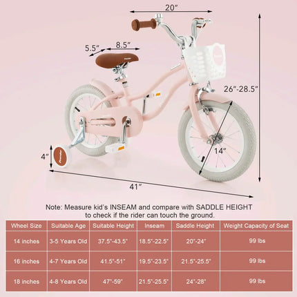 14 Inch Kid’s Bike with Removable Training Wheels and Basket-Pink - Pink - Kids Bike