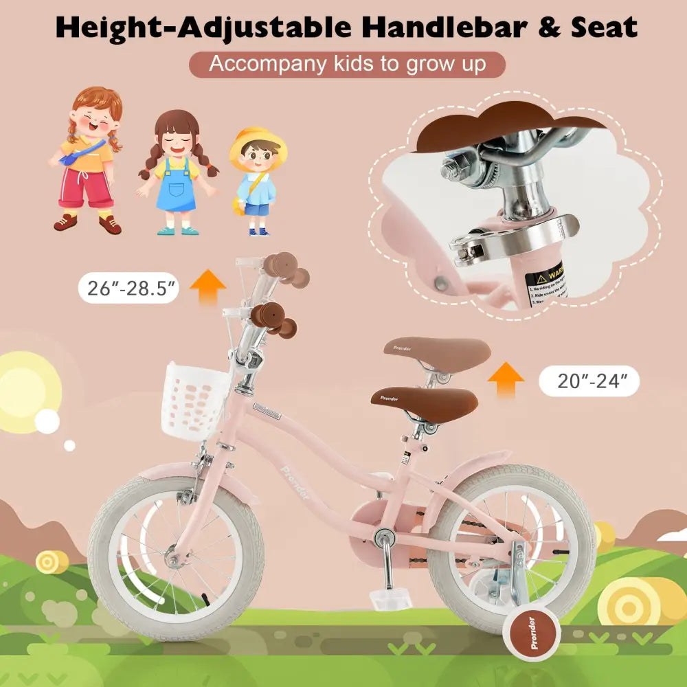 14 Inch Kid's Bike with Removable Training Wheels and Basket - Pink - Oasis Home Essentials