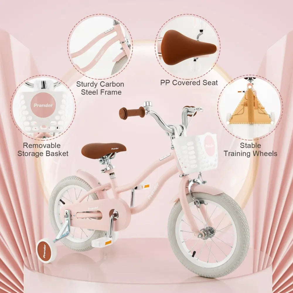 14 Inch Kid's Bike with Removable Training Wheels and Basket - Pink - Oasis Home Essentials