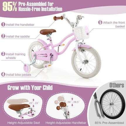14 Inch Kid's Bike with Removable Training Wheels and Basket - Purple - Oasis Home Essentials