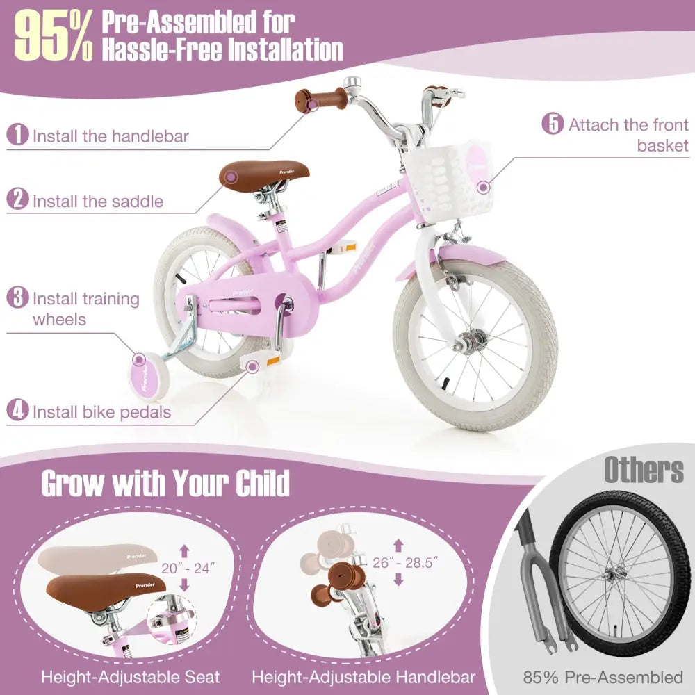 14 Inch Kid's Bike with Removable Training Wheels and Basket - Purple - Oasis Home Essentials