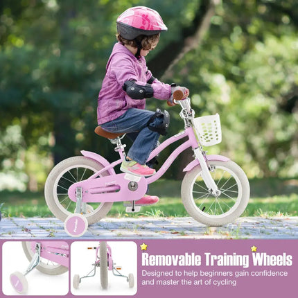 14 Inch Kid's Bike with Removable Training Wheels and Basket - Purple - Oasis Home Essentials
