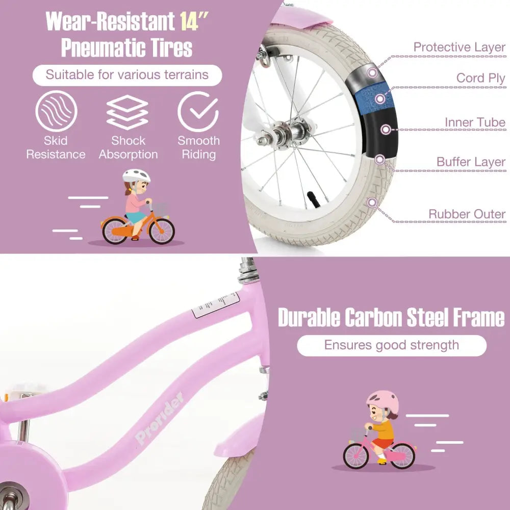 14 Inch Kid's Bike with Removable Training Wheels and Basket - Purple - Oasis Home Essentials