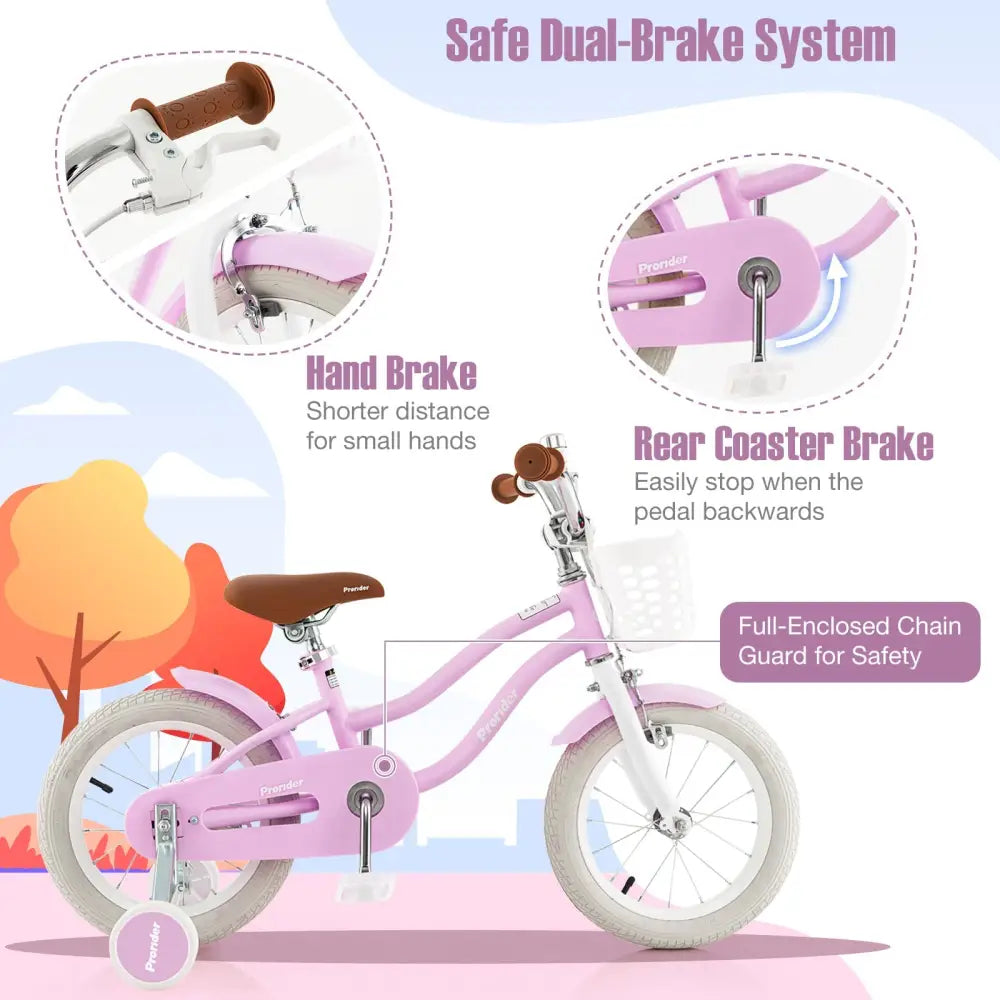 14 Inch Kid's Bike with Removable Training Wheels and Basket - Purple - Oasis Home Essentials