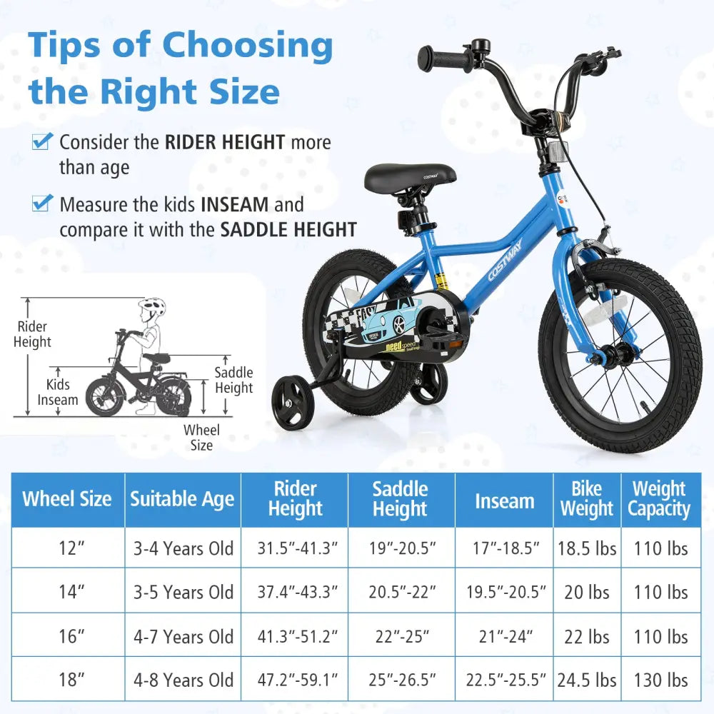 14 Inch Kids Bike with Removable Training Wheels for Aged 3-5 Years Old - Blue - Kids Bike