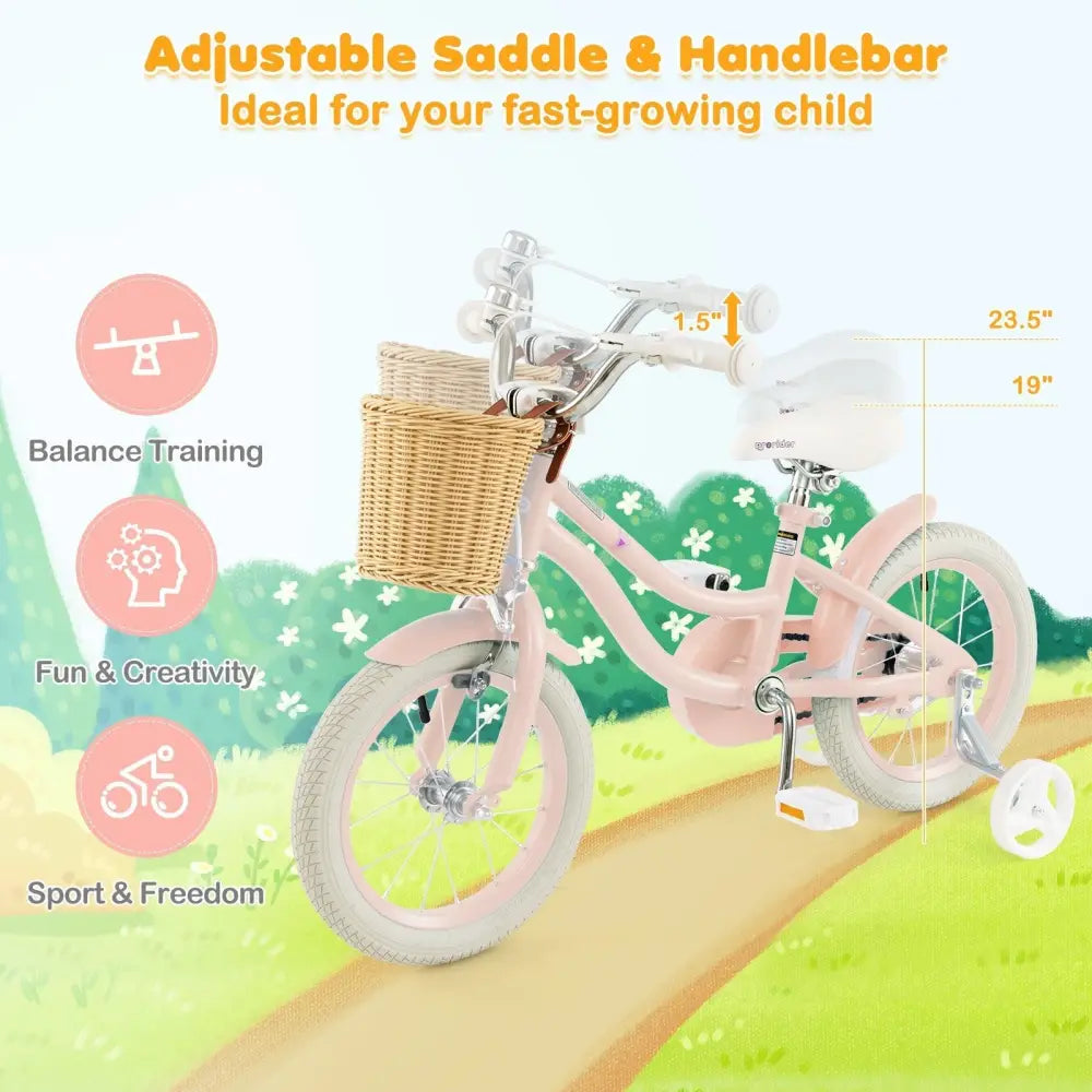 14 - Inch Kids Bike with Training Wheels and Adjustable Handlebar Seat - Pink - Oasis Home Essentials