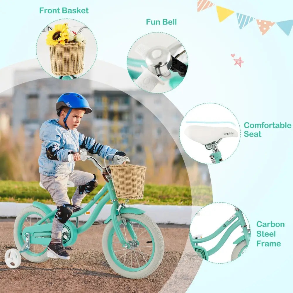 14 - Inch Kids Bike with Training Wheels and Adjustable Handlebar Seat - Green - Oasis Home Essentials