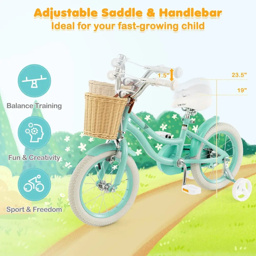 14 - Inch Kids Bike with Training Wheels and Adjustable Handlebar Seat - Green - Oasis Home Essentials