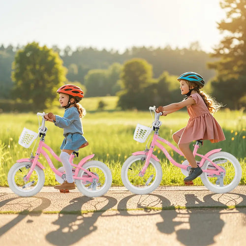 14 Inch Kids Bike with Training Wheels and Basket for Boys Girls 3-5 Years Old-14 inches - Peach - Kids Bike