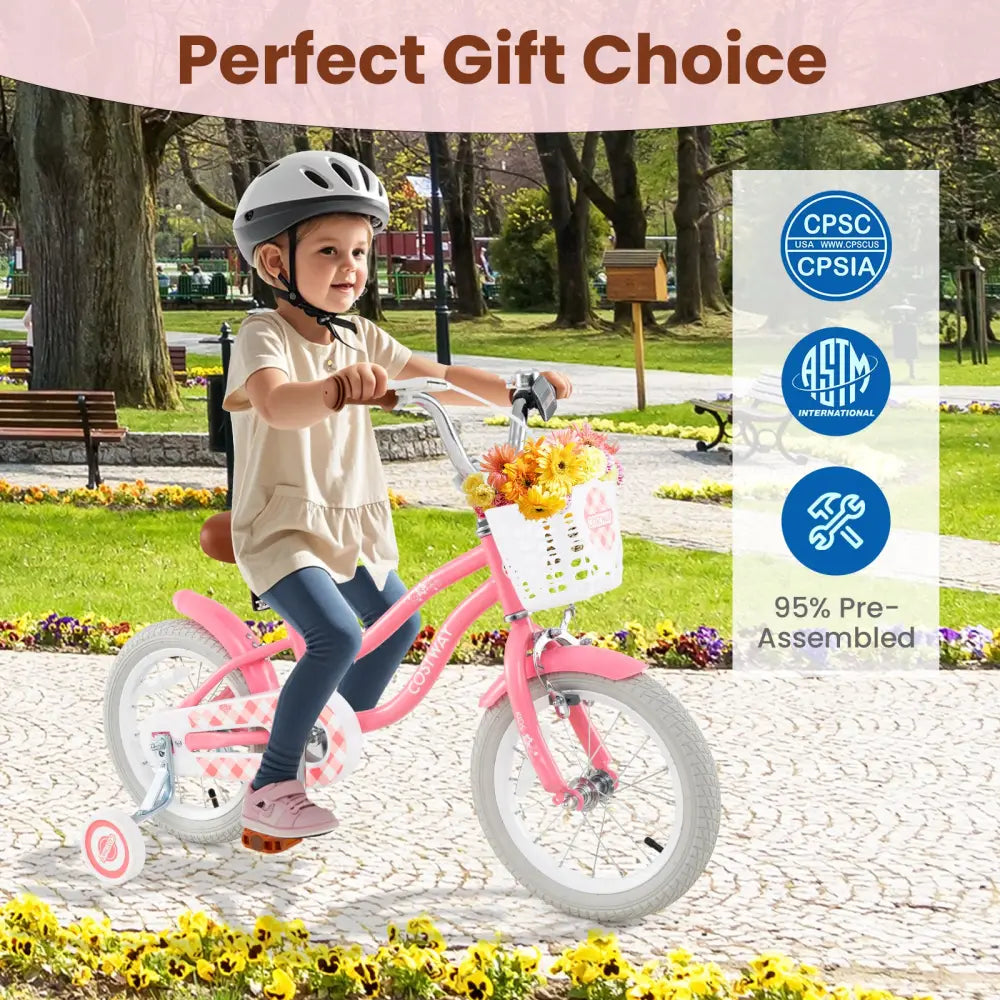 14 Inch Kids Bike with Training Wheels and Basket for Boys Girls 3-5 Years Old-14 inches - Peach - Kids Bike