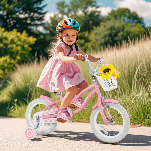 14 Inch Kids Bike with Training Wheels and Basket for Boys Girls 3-5 Years Old-14 inches - Peach - Kids Bike
