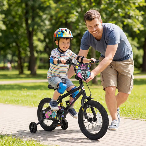 14 Inch Kids Bike with Training Wheels for Ages 3-5 Years Old Black- Street Art Time - Black - Kids Bike