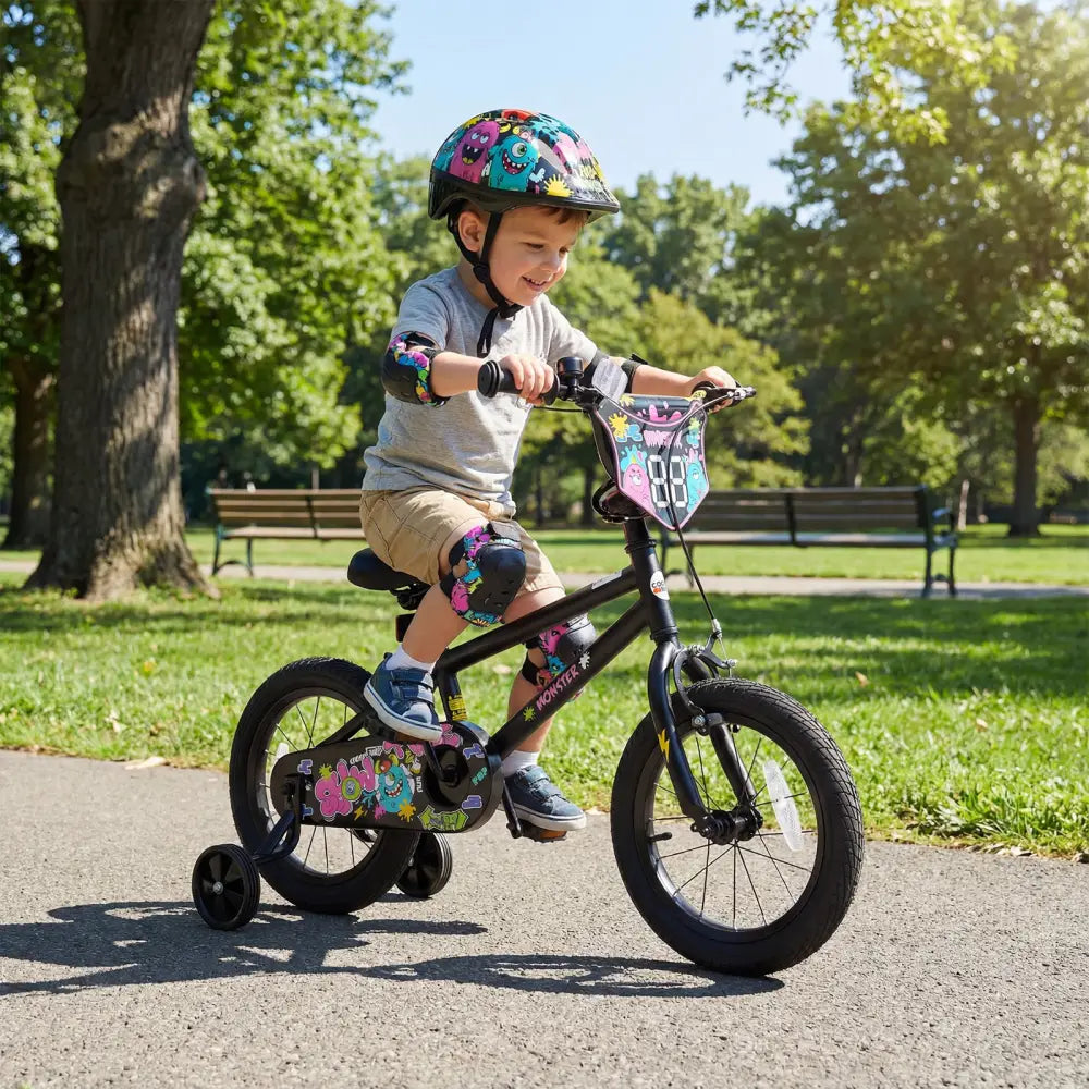 14 Inch Kids Bike with Training Wheels for Ages 3-5 Years Old Black- Street Art Time - Black - Kids Bike