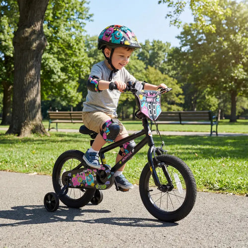 14 Inch Kids Bike with Training Wheels for Ages 3-5 Years Old Black- Street Art Time - Black - Kids Bike