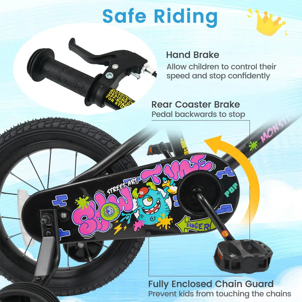 14 Inch Kids Bike with Training Wheels for Ages 3-5 Years Old Black- Street Art Time - Black - Kids Bike
