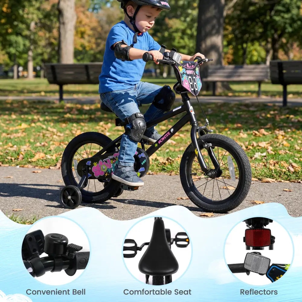 14 Inch Kids Bike with Training Wheels for Ages 3-5 Years Old Black- Street Art Time - Black - Kids Bike