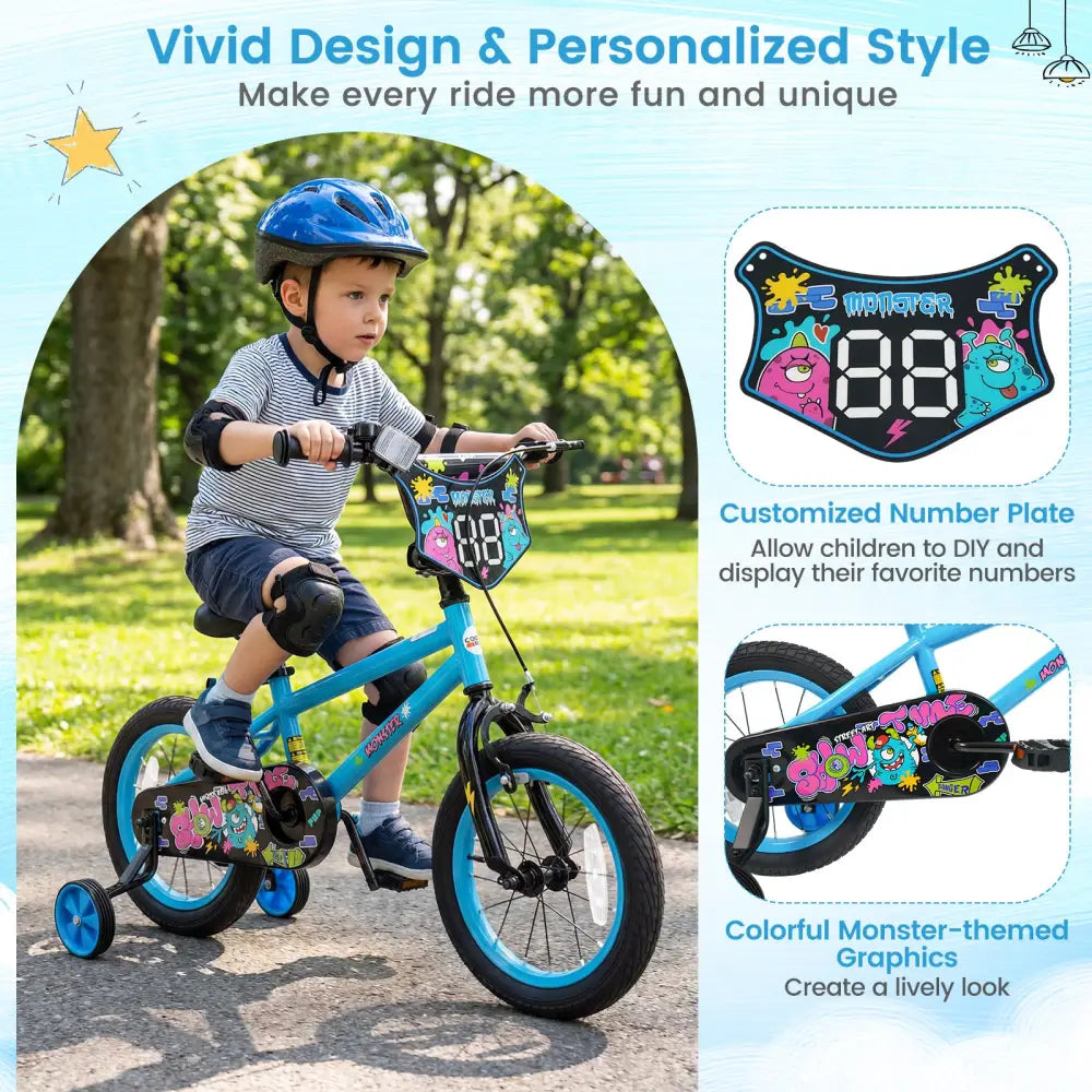 14 Inch Kids Bike with Training Wheels for Ages 3-5 Years Old Blue- Street Art Time - Blue - Kids Bike