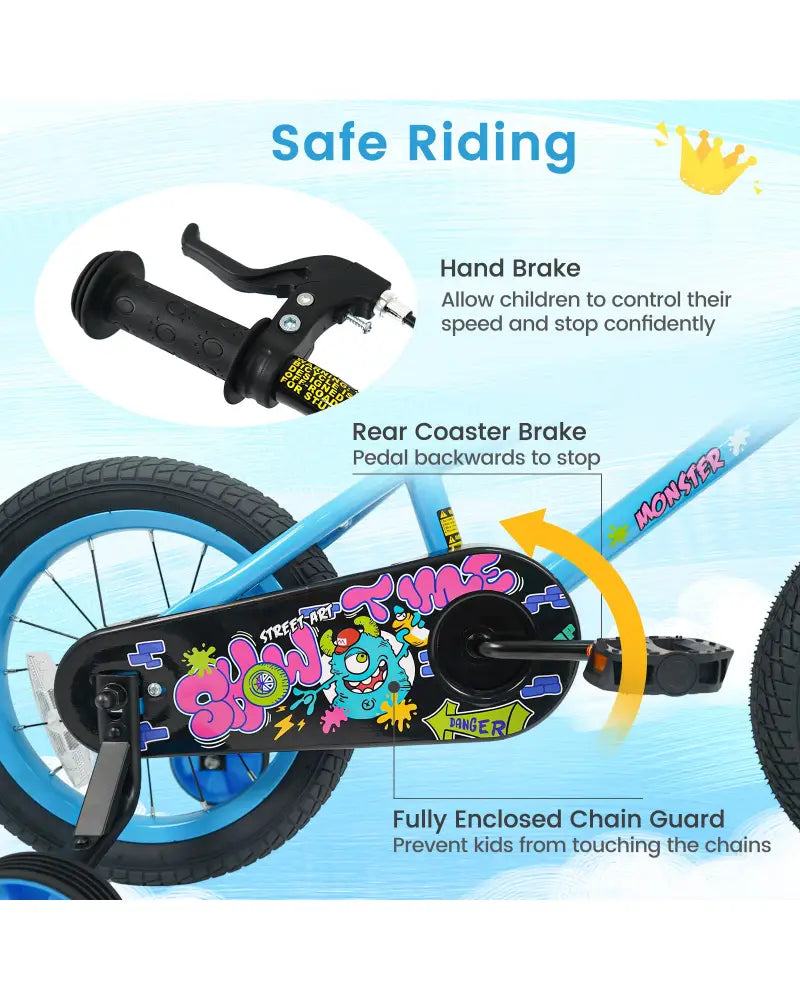 14 Inch Kids Bike with Training Wheels for Ages 3-5 Years Old Blue- Street Art Time - Blue - Kids Bike