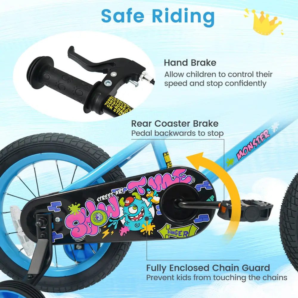 14 Inch Kids Bike with Training Wheels for Ages 3-5 Years Old Blue- Street Art Time - Blue - Kids Bike