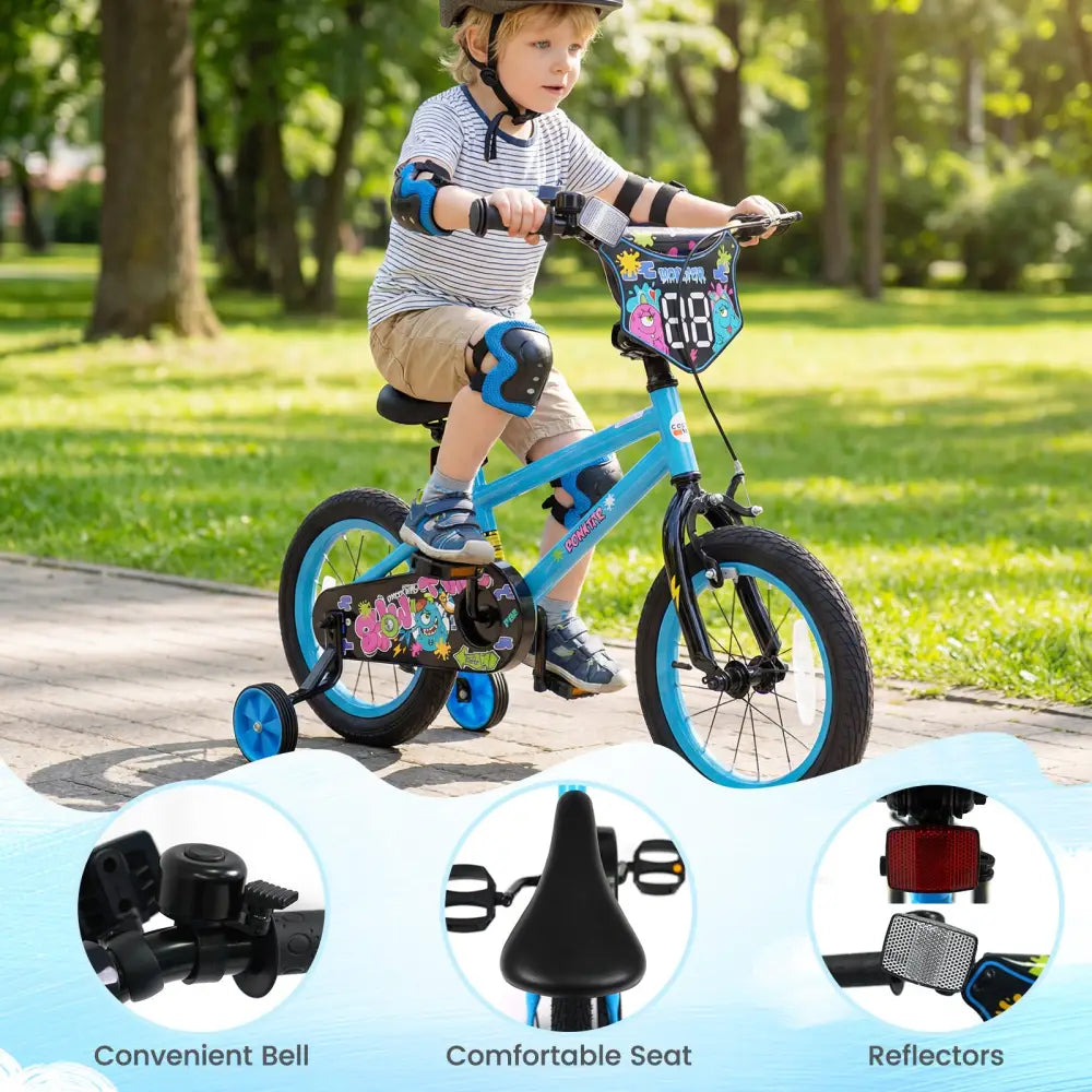 14 Inch Kids Bike with Training Wheels for Ages 3-5 Years Old Blue- Street Art Time - Blue - Kids Bike