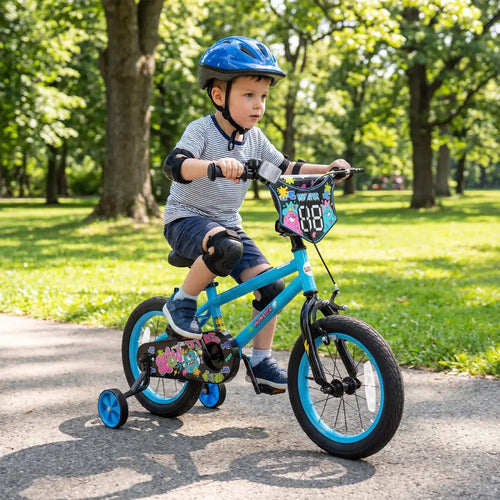 14 Inch Kids Bike with Training Wheels for Ages 3-5 Years Old Blue- Street Art Time - Blue - Kids Bike