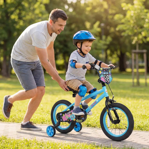 14 Inch Kids Bike with Training Wheels for Ages 3-5 Years Old Blue- Street Art Time - Blue - Kids Bike